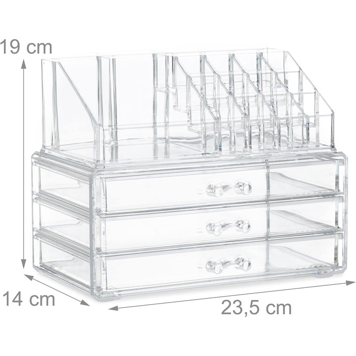 Relaxdays 2 x Make Up Organizer klein, 2-teilige Schminkaufbewahrung mit Schubladen, stapelbares Kosmetikregal, transparent