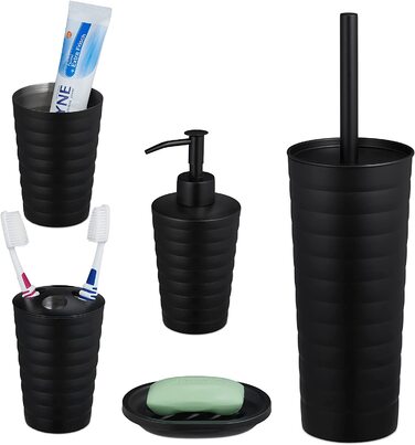 Relaxdays Badezimmer Set, 5-teilig, Badaccessoires Edelstahl matt, komplette Badezimmerausstattung, modern, schwarz 10038861