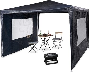 Relaxdays Pavillon 3x3 m, 2 Seitenteile, Metall Gestell, PE Plane, Fenster, Festival Partyzelt, Geschlossen, (Blau)