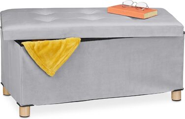 Relaxdays Sitzbank mit Stauraum, Samt, Holzfüße, 120 kg, faltbar, 34x76x38 cm, Hellgrau