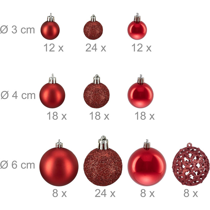 Relaxdays 150er Set Weihnachtskugeln, glitzernd, matt & glänzend, Kunststoff, ∅ 3, 4 & 6 cm, Rot