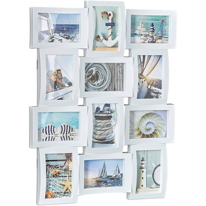 Relaxdays Bilderrahmen für 12 Fotos, Galerierahmen für Collagen, Mehrfachbilderrahmen, HBT: 60,5 x 47,5 x 3,5 cm, weiß