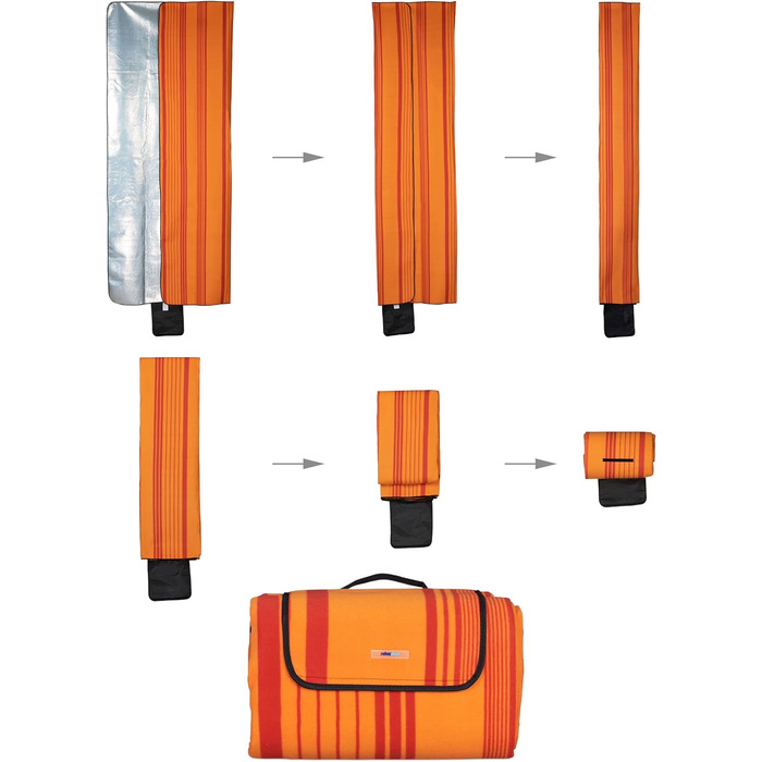 Relaxdays XXL Picknickdecke, 200x300 cm, isoliert, wasserdicht, gestreifte Fleece Stranddecke, Tragegriff, orange/rot
