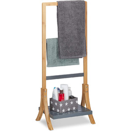 Relaxdays Handtuchständer, 3 Stangen, Ablage, 103x41x28cm, Bambus/MDF, Natur/Grau