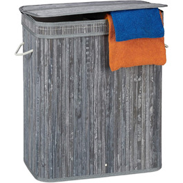Relaxdays Wäschekorb Bambus, rechteckiger Wäschesortierer, 2 Fächer, Klappdeckel, faltbar, 95 l, (Grau)