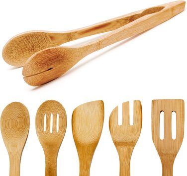 Relaxdays Küchenhelfer Set Bambus 7-tlg. 30cm lang, Kochlöffel, Holzlöffel, Pfannenwender (je 2), Salatzange, Gabel, Halter