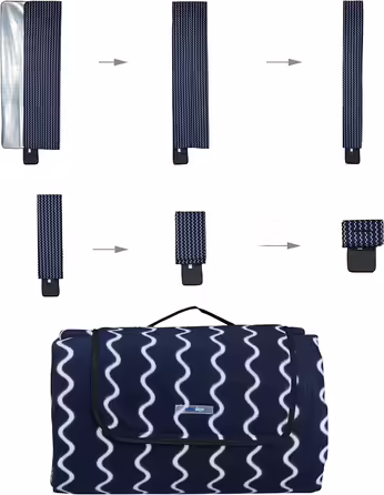 Relaxdays XXL Picknickdecke, 200x300 cm, Fleece Stranddecke, wärmeisoliert, wasserdicht, mit Tragegriff, dunkelblau/weiß