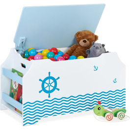 Relaxdays Spielzeugtruhe Seemann, Spielzeugkiste mit Deckel, HBT: 46 x 84 x 42,5 cm, Bücherfach, Spielzeugbox, weiß/blau