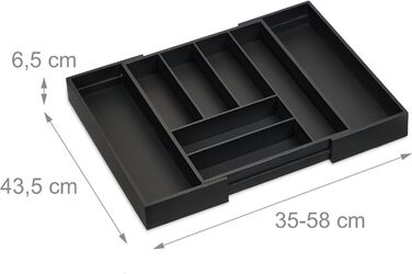 Relaxdays Besteckkasten, Bambus, HBT 6,5 x 35-58 x 43,5 cm, 6-8 Fächer, schwarz