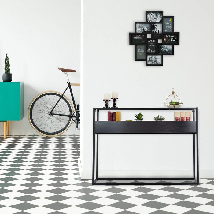 Relaxdays Konsolentisch, Glas Ablage, 4 Fächer, 80,5x110x40 cm, Metall, Flur & Wohnzimmer, schwarz