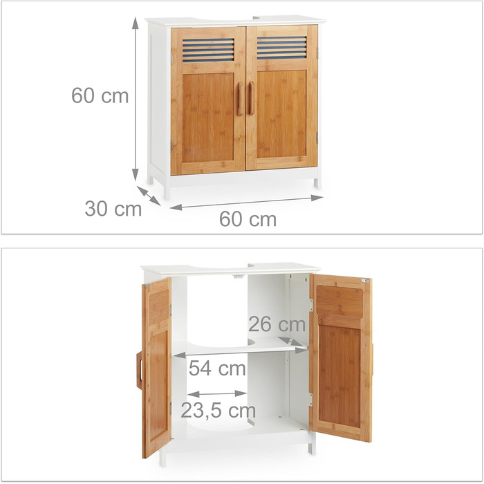 Relaxdays Waschbeckenunterschrank, Bambustüren, verstellbar, Siphon-Aussparung, 60x60x30cm, natur/weiß