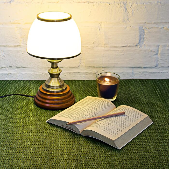 Relaxdays Tischlampe Holz Jugendstil mit Glasschirm weiß Messing-Optik 10018911 28.5 x 16 x 16 cm