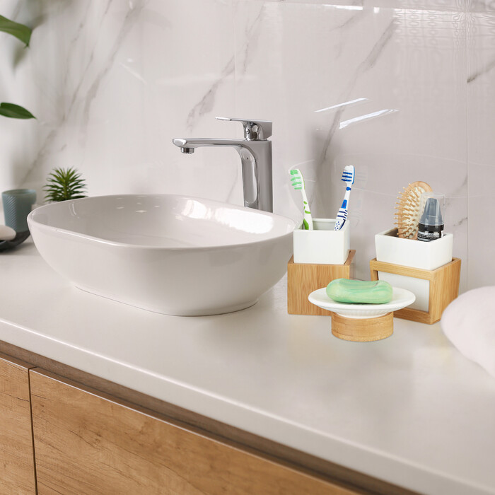 Relaxdays Badezimmer Set aus Bambus und Keramik