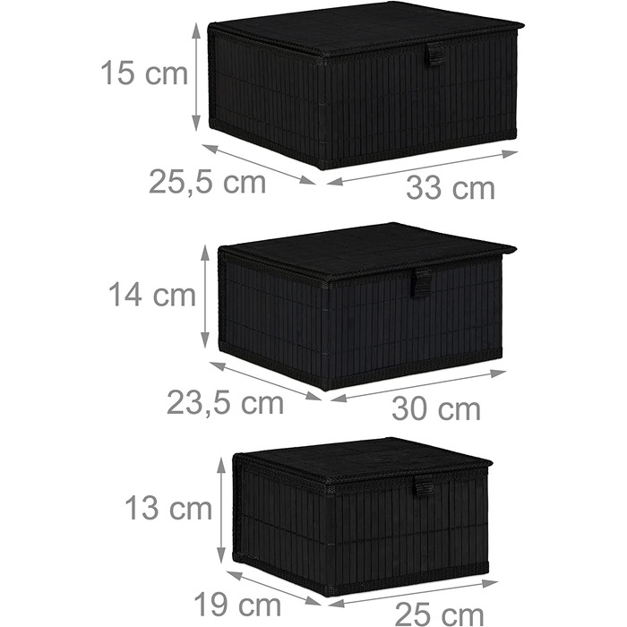 Relaxdays Aufbewahrungskorb 3er Set, Deckel & Stoffeinsatz, Bambuskorb, dekorative Aufbewahrungsbox, 3 Größen, schwarz