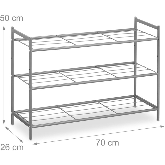 Relaxdays Metall Schuhregal, 3 Ebenen, erweiterbar, Flur Schuhgestell HBT 50 x 70 x 26 cm, 9 Paar Schuhe, offen, (Silber)