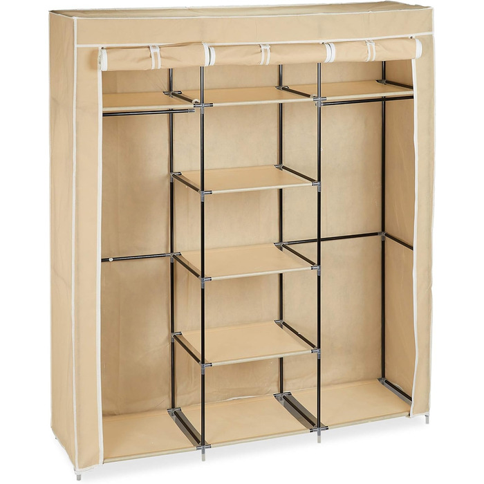 Relaxdays Stoffkleiderschrank, 9 Fächer, 2 Kleiderstangen, HBT: 173 x 148 x 43 cm, Camping, Keller, Faltschrank,  Stoff (Beige)