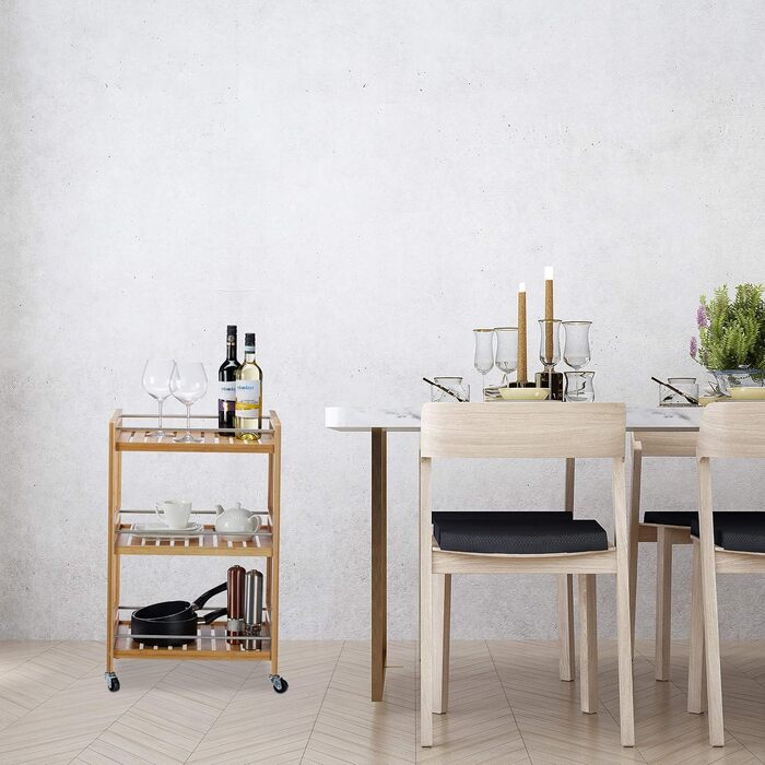 Relaxdays Servierwagen Bambus, 3 Ablagen, 360° Rollen, Edelstahl-Stangen, HBT: 76,5x46x38 cm
