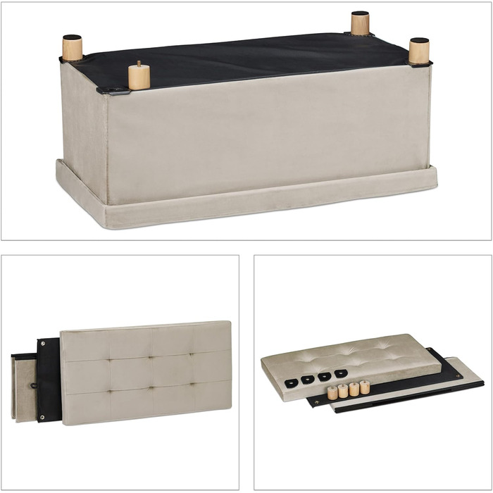 Relaxdays Sitzbank mit Stauraum, Samt, Holzfüße, bis 120 kg, faltbar, 34x76x38 cm, Creme