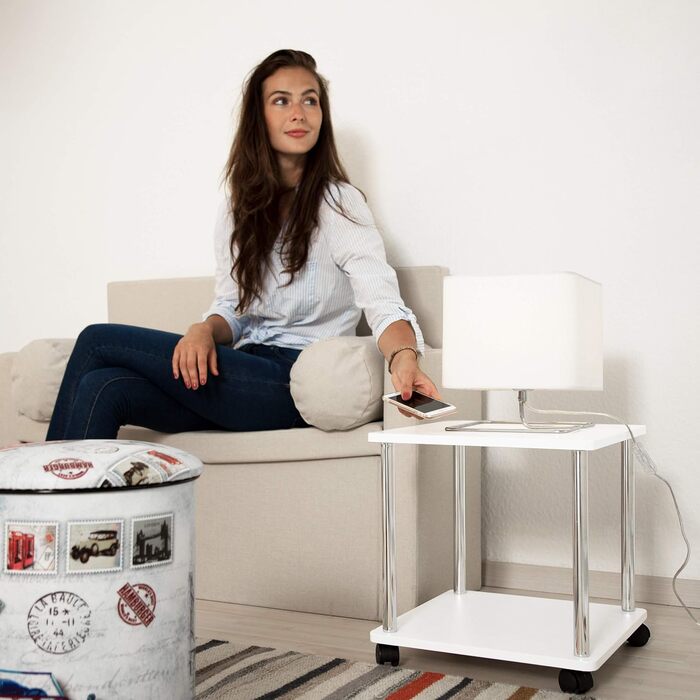 Relaxdays rollbarer Beistelltisch, Holz, 4 Rollen, 2 Ebenen, MDF, HBT: 41,5x40x40cm, weiß rund