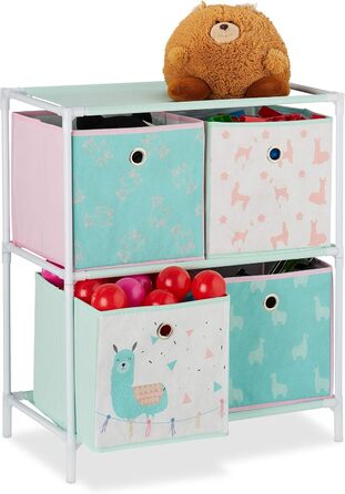 Relaxdays Kinderregal mit 4 Boxen, Lama-Design, HBT 62x53x30 cm, bunt, für Jungen & Mädchen, Spielzeug