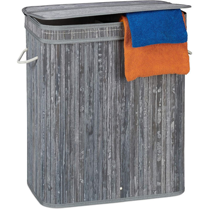 Relaxdays Wäschekorb Bambus, rechteckiger Wäschesortierer, 2 Fächer, Klappdeckel, faltbar, 95 l, (Grau)