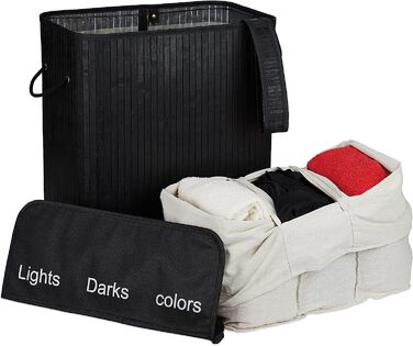 Relaxdays Wäschesortierer, Bambus, 3 Fächer, je 30 Liter, Wäschekorb mit Deckel, Griffe, HxBxT: 63 x 55 x 35 cm, (Schwarz)