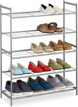 Relaxdays Schuhregal, Metall, 5 Ebenen, stapelbar, erweiterbar, HBT: 90x70x26 cm, 15 Paar Schuhe, silber