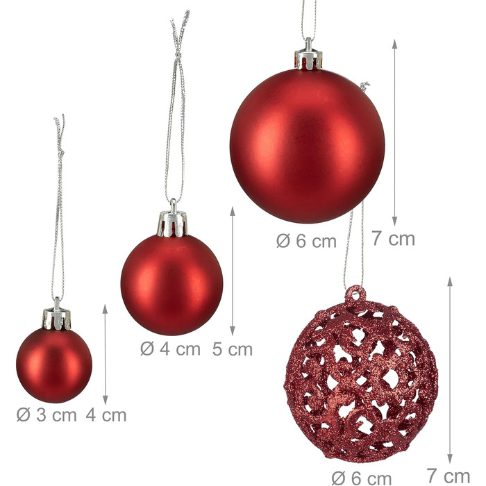 Relaxdays Xmas-Kugeln, 50er Set, glitzernd & matt, Kunststoff, ∅ 3, 4 & 6 cm, rot