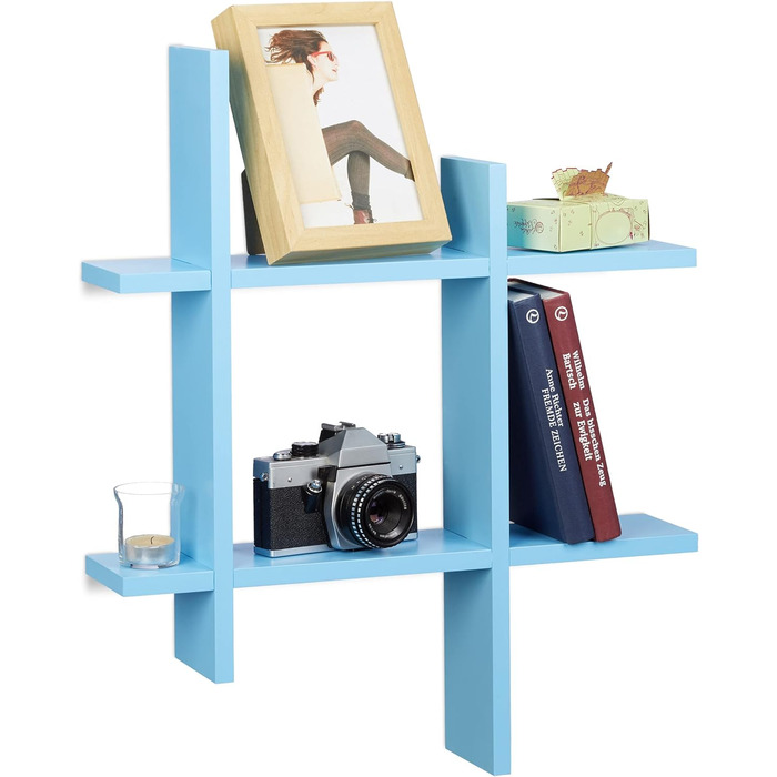 Relaxdays Wandregal mit 6 Fächern, versetzte Wandbretter in Gitteroptik, Schweberegal HxBxT 58,5 x 58,5 x 10 cm, (Blau)