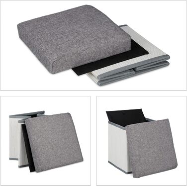 Relaxdays faltbarer Sitzhocker mit Stauraum, gepolstert, Bambus, Stoff, 36x35x35 cm, Weiß/Grau