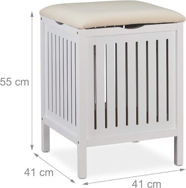 Relaxdays Wäschekorb mit Sitz, Landhausstil, 40 l, Holz & Stoff, Badhocker, 55x41x41 cm, weiß