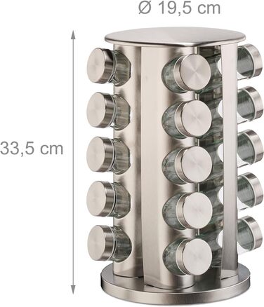 Relaxdays Gewürzkarussell, 20 Gläser, 40 Etiketten, 360° drehbar, Edelstahlgewürzstreuer, silber, max. 60 Zeichen