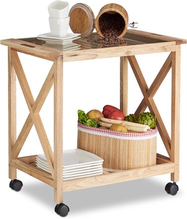 Relaxdays Küchenwagen Holz, 2 Etagen, Rollwagen mit Glasplatte, 63x66,5x38 cm, natur