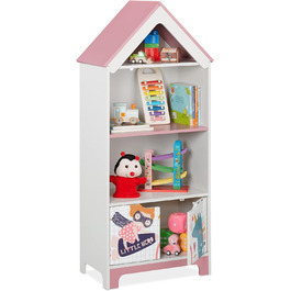 Relaxdays Kinderregal, Heldinnenmotiv, 4 Fächer für Spielzeug, HBT: 93x63x28 cm, Kinderzimmerregal mit Türen, weiß/rosa