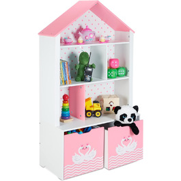 Relaxdays Kinderregal, Schwan, 5 Fächer, 2 Rollboxen, HBT: 128x75x34 cm, Hausform, Spielzeug Aufbewahrung, weiß/rosa