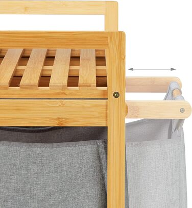 Relaxdays Wäschekorb mit Ablage, 2 Fächer, 2x 30 l Wäschesäcke, Bambus Ausziehwäschekorb HBT 73 x 64 x 33 cm, natur/grau, 1 S