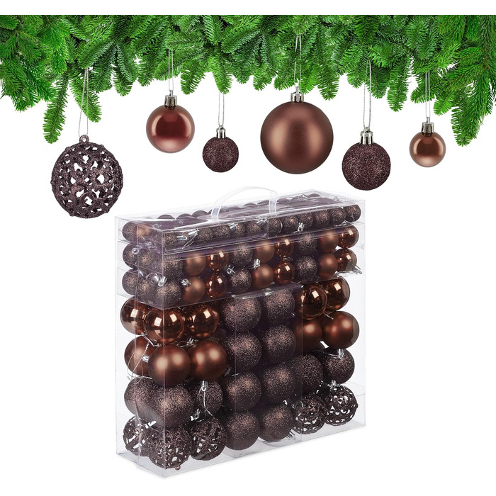 Relaxdays Weihnachtskugeln 150er Set, glitzernd/matt/glänzend, Kunststoff, ∅ 3/4/6 cm, Braun
