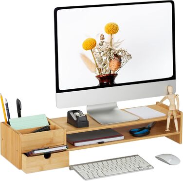 Relaxdays Monitorständer, Bambus, mit Schublade & 5 Fächern, 13x70x19 cm, Natur