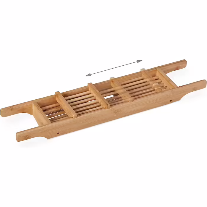 Relaxdays Badewannenablage Bambus, 69 cm breit, ausklappbare Füße, Badewannenbrett mit Seifenablage, Wannenablage, Natur