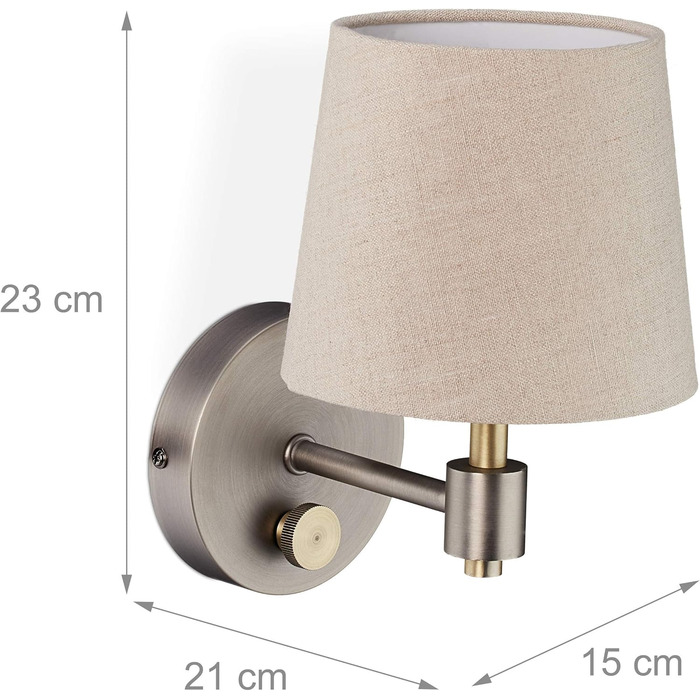 Relaxdays Wandlampe Vintage, dimmbar, mit Schalter, Stoffschirm, E14, 23x15x21 cm, beige/silber