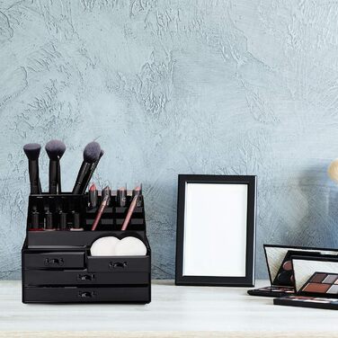 Relaxdays Make Up Organizer Acryl, 2-teilige Schminkaufbewahrung mit Lippenstifthalter und 4 Schubladen,  19 x 24 x 13.5 cm (Schwarz)