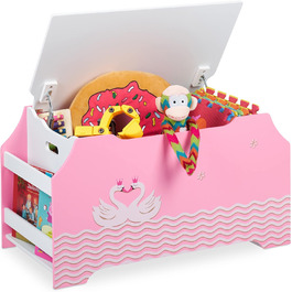 Relaxdays Spielzeugtruhe, Schwanenherz, Spielzeugkiste, Deckel, Bücherfächer, HBT 46x84x42,5 cm, Spielzeugbox, rosa/weiß