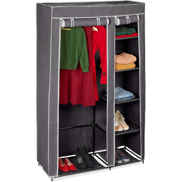 Relaxdays 1 x Stoffschrank, mit Kleiderstange & 5 Fächern, HBT: 174 x 107 x 42,5 cm, Stabiler Faltschrank mit Bezug, grau