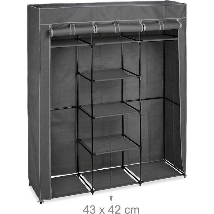 Relaxdays Stoffschrank mit Kleiderstange & 9 Ablagen, HxBxT: 172x147x43cm, Kleiderschrank mit Reißverschluss, anthrazit