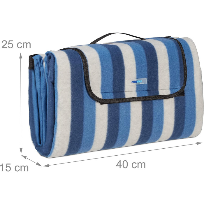 Relaxdays XXL Picknickdecke, 200 x 200 cm, Fleece Stranddecke, wärmeisoliert, wasserdicht, mit Tragegriff, blau/weiß