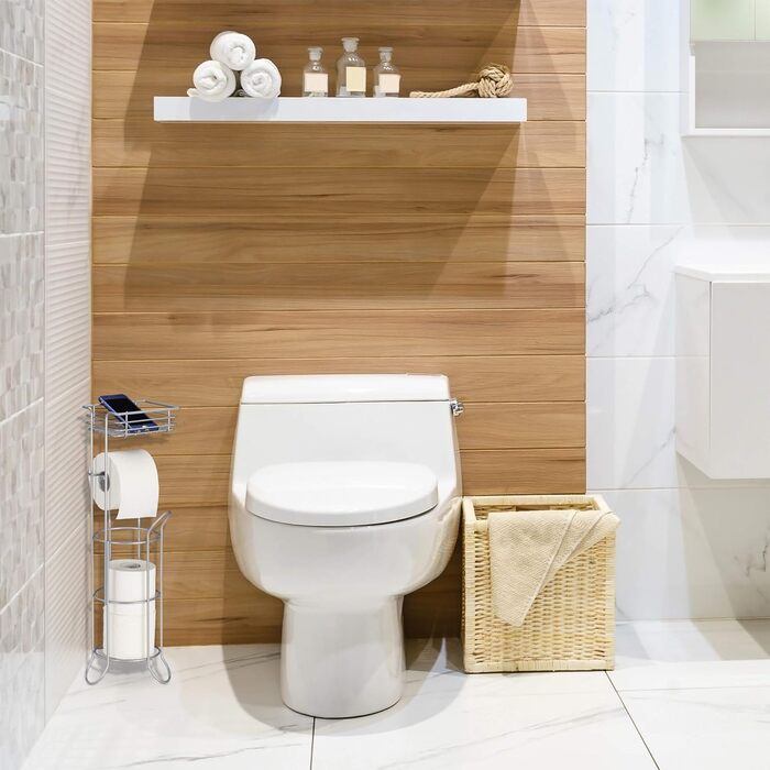 Relaxdays Toilettenpapierhalter stehend, mit Ablage, 3 Rollen Klopapier, modern, Metall, HBT: 57,5x18,5x17,5 cm, silber