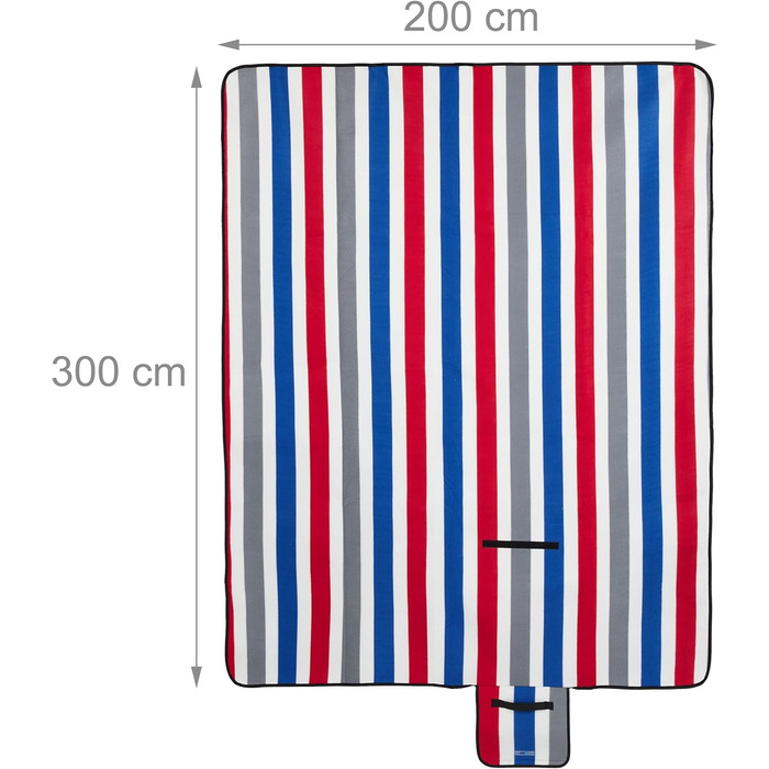 Relaxdays XXL Picknickdecke, 200x300 cm, weich, wasserdichte Unterseite, Tragegriff, gestreifte Fleece Stranddecke, bunt