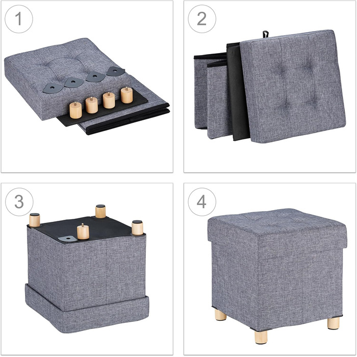 Relaxdays Sitzhocker mit Stauraum, gepolstert, gesteppt, Stoffbezug, 40x38x38 cm, Dunkelgrau