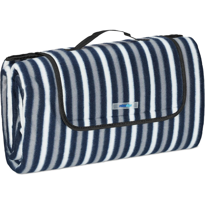 Relaxdays XXL Picknickdecke, 200 x 200 cm, Fleece Stranddecke, wärmeisoliert, wasserdicht, Tragegriff, blau/grau/weiß