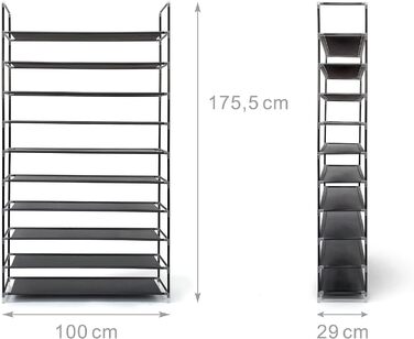 Relaxdays Schuhregal Stoff, HBT: 175,5x100x29 cm, für 50 Paar Schuhe, 10 Etagen, Stecksystem, XXL Schuhgestell, schwarz
